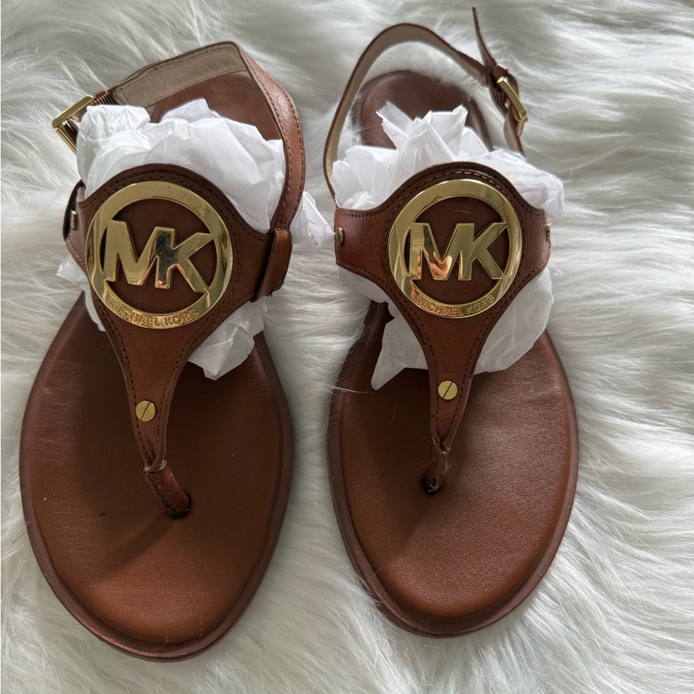 Michael Kors Tan Sandals with Gold Emblem